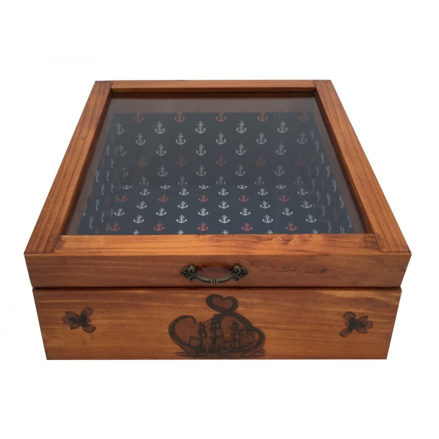 Schuine houten kist met glazen deksel. Model: zeeanker.