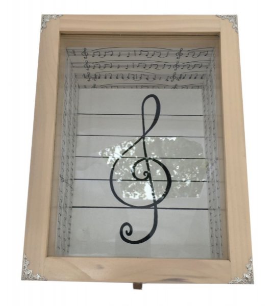 Boite en bois inclin&eacute;e et son couvercle en verre. Model : cl&eacute; musicale