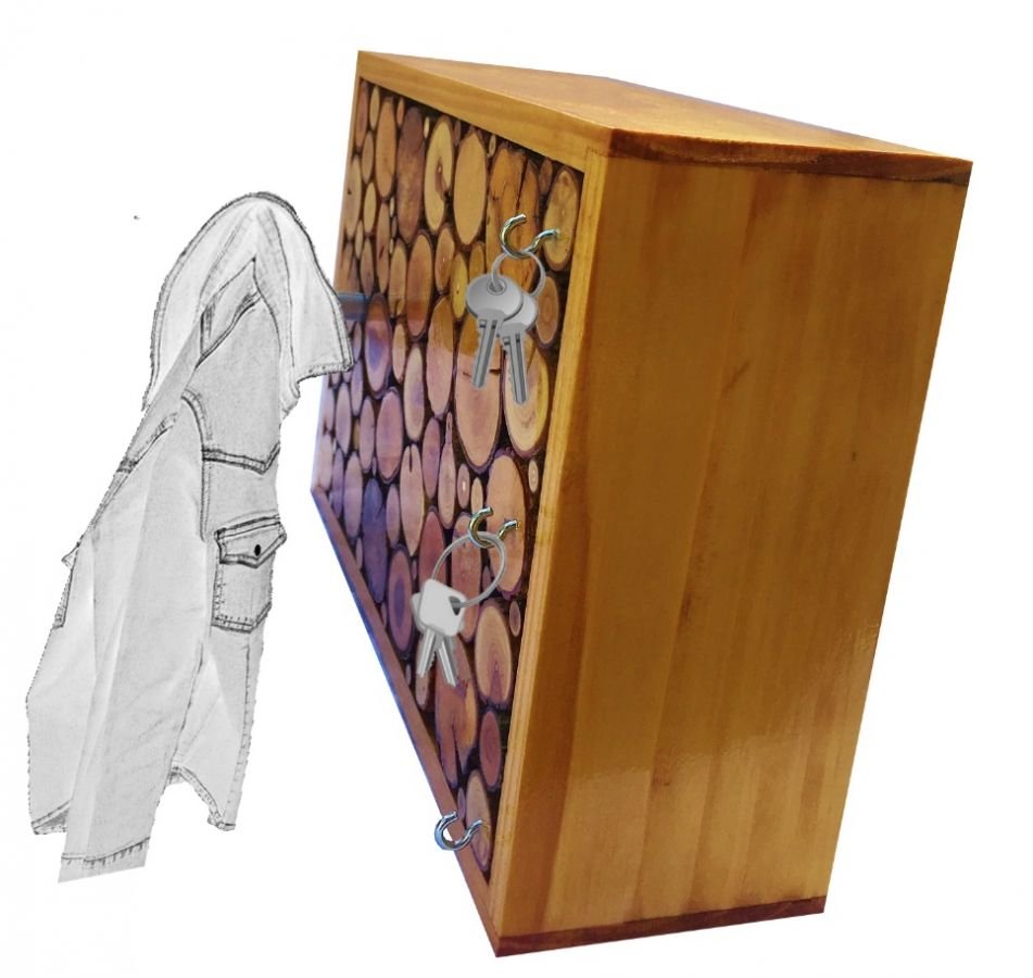 Rechthoekige wandkapstok van honingkleurig hout met 1 jashaak en sleutelhanger 30x20 cm