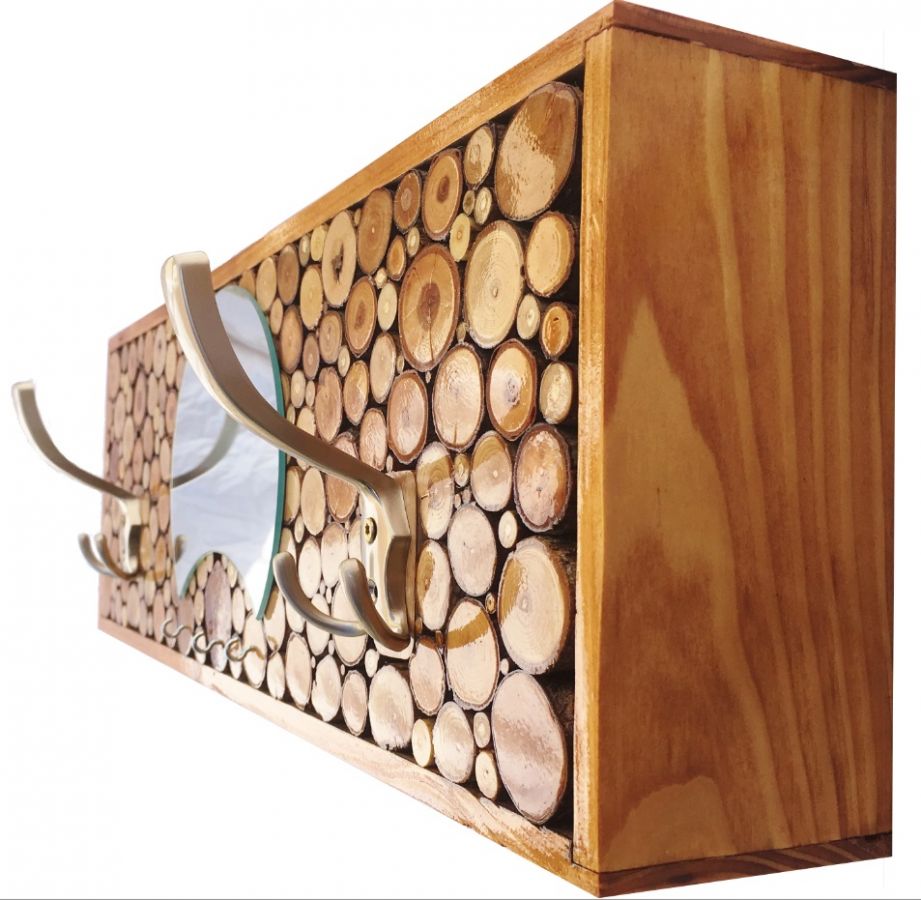 Rechthoekige wandkapstok in kastanjekleurig hout, 2 drievoudige jashaken en spiegel met halve maan. 60x20