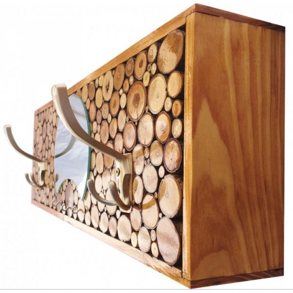 Rechthoekige wandkapstok in kastanjekleurig hout, 2 drievoudige jashaken en spiegel met halve maan. 60x20