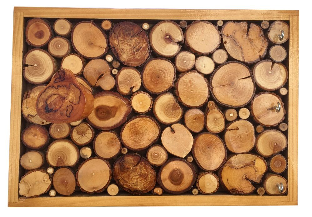 Rechthoekige wandkapstok van honingkleurig hout met 1 jashaak en sleutelhanger 30x20 cm