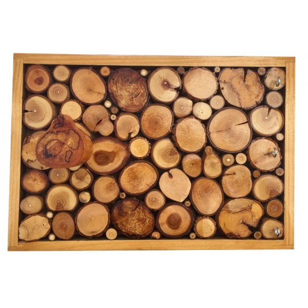 Rechthoekige wandkapstok van honingkleurig hout met 1 jashaak en sleutelhanger 30x20 cm