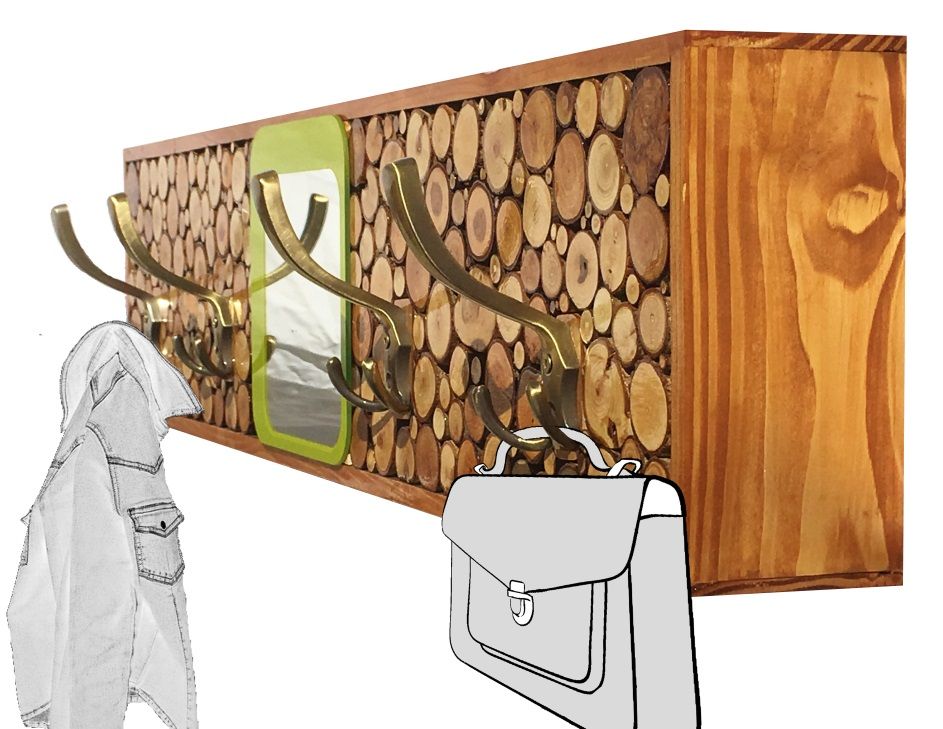 Grote rechthoekige wandkapstok van hout met spiegel