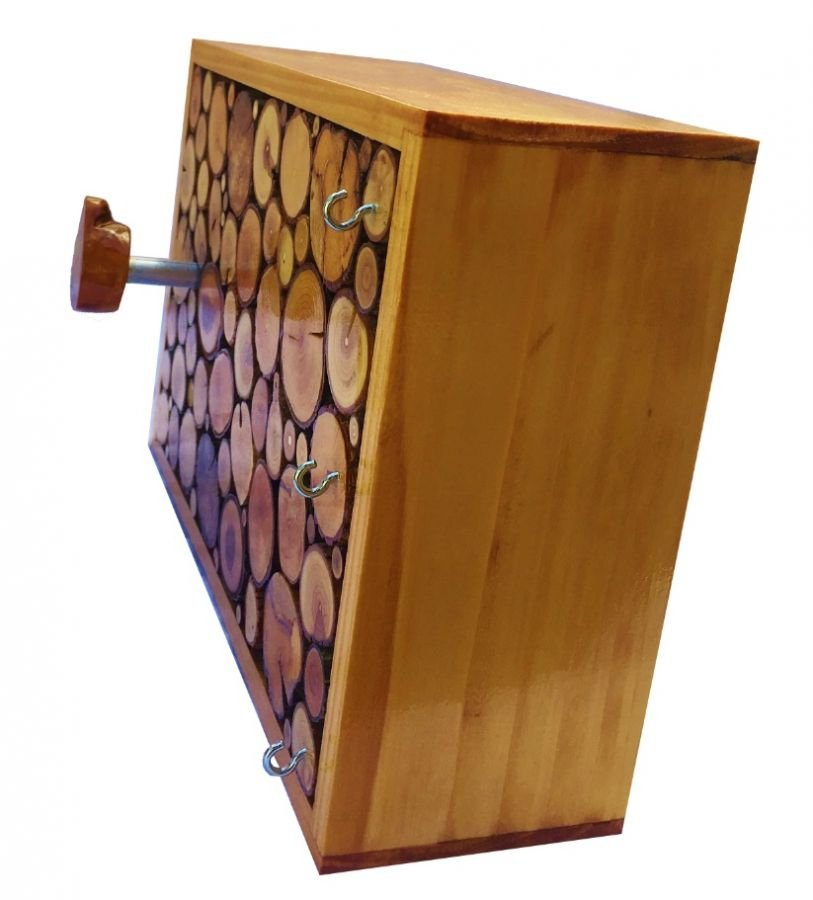 Rechthoekige wandkapstok van honingkleurig hout met 1 jashaak en sleutelhanger 30x20 cm