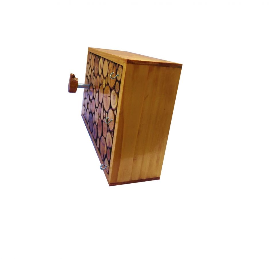 Rechthoekige wandkapstok van honingkleurig hout met 1 jashaak en sleutelhanger 30x20 cm