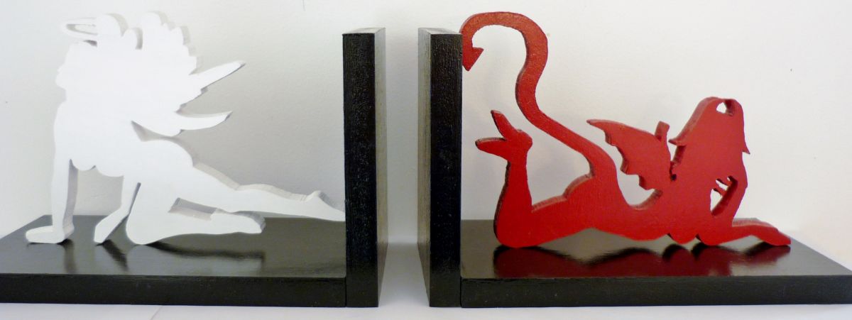 Houten boekensteun "Sexy Engel en Duivel" modern