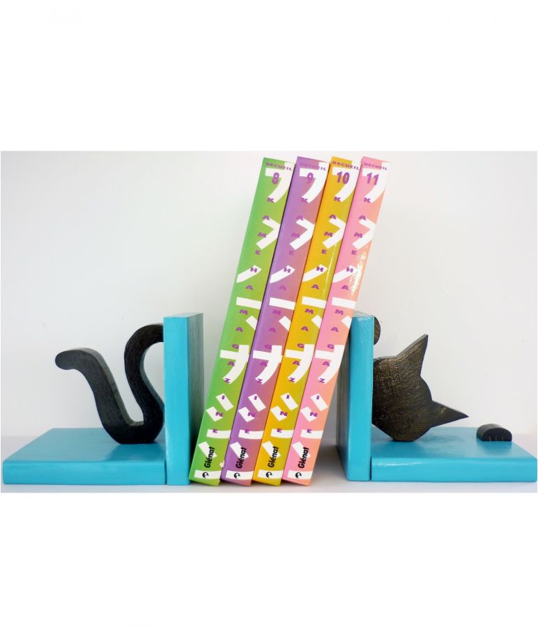 Moderne massief houten boekensteun "Chat espiègle", in Landes pine 