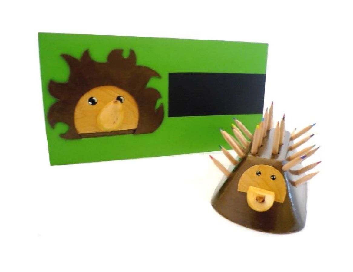 Houten Terug naar School-set model: Egel (Potloodhouder en wandkapstok)
