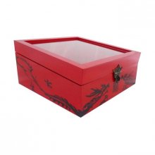 Schuine houten kist met glazen deksel. Model : rode draak