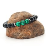 Herenarmband van malachietsteen met onyx en roestvrijstalen kralen