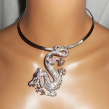 Originele zilveren metalen ketting met grote kristallen draak