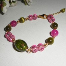 Murano glas en roze en groen kristal armband aan gouden stalen ketting