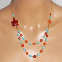 Schildpad ketting met carneool en turquoise stenen 