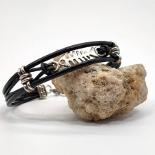 Herenarmband zwart leer met zilveren metalen visgraat
