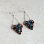 Oorbellen in micro-macramé bruin, turkoois blauw, koper