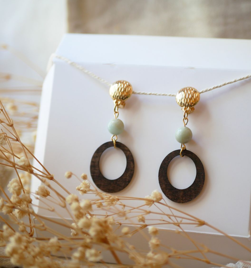 Notenhout en amazoniet edelsteen clip oorbellen