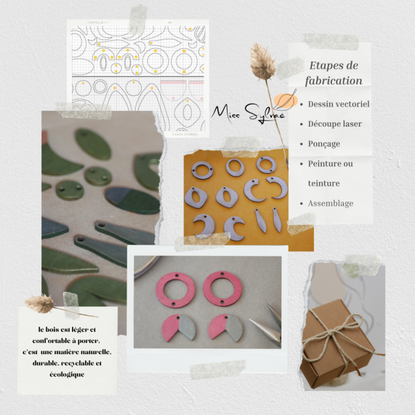 Ovale oorbellen in grijs geschilderd hout met metaaleffect