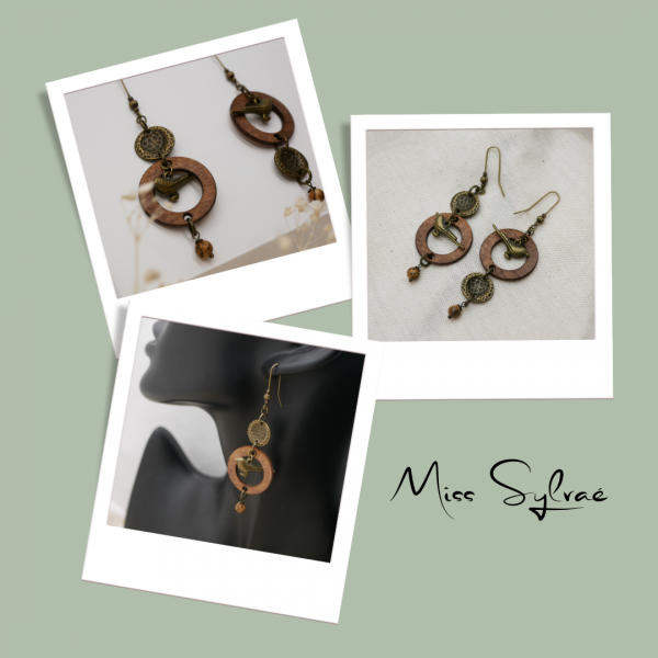 Houten oorbellen met messing vogels