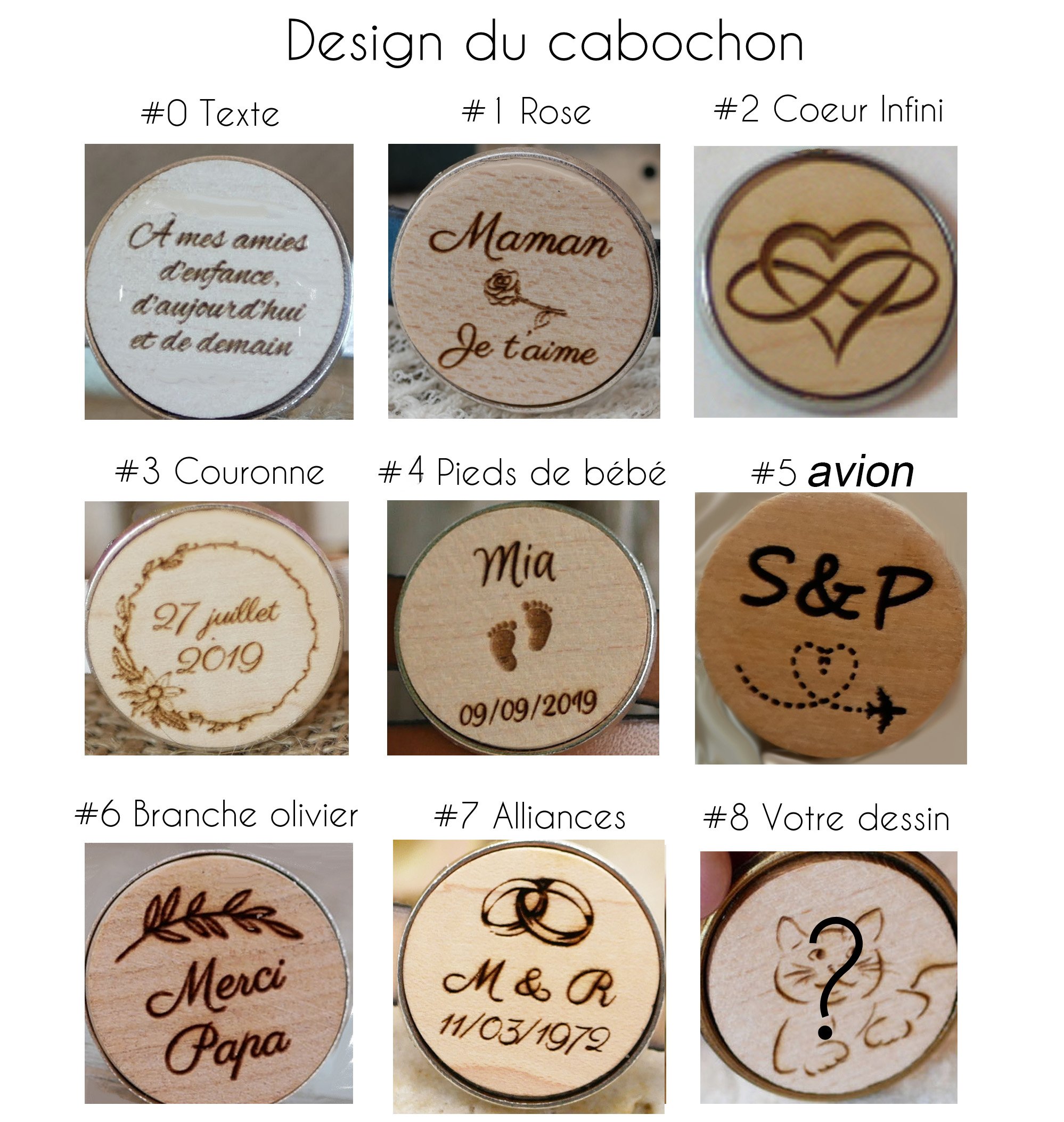 Porte-cl&eacute;s macram&eacute; et cabochon en bois grav&eacute; personnalis&eacute; sur anneau argent&eacute;