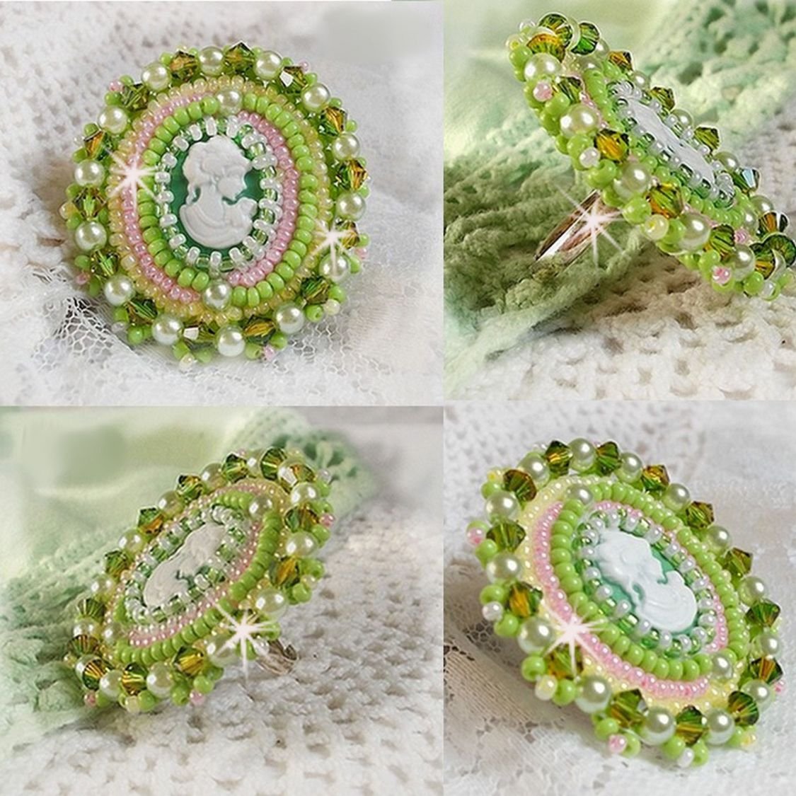 Anisse ring geborduurd met een hars cabochon portret van een vrouw met rozen en Swarovski kristallen