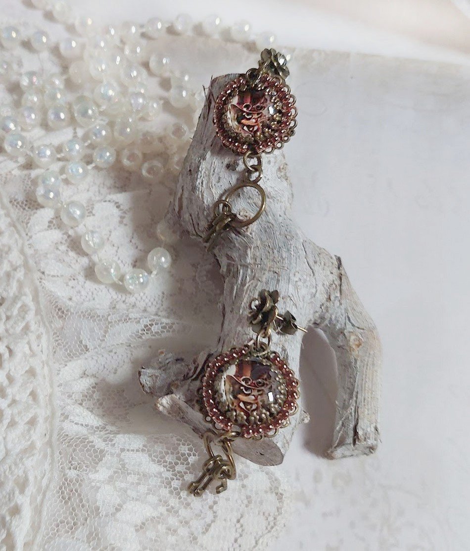 BO Chata Steampunk montées avec breloques clés, strass, cabochons loupes et perles Cristal Swarovski