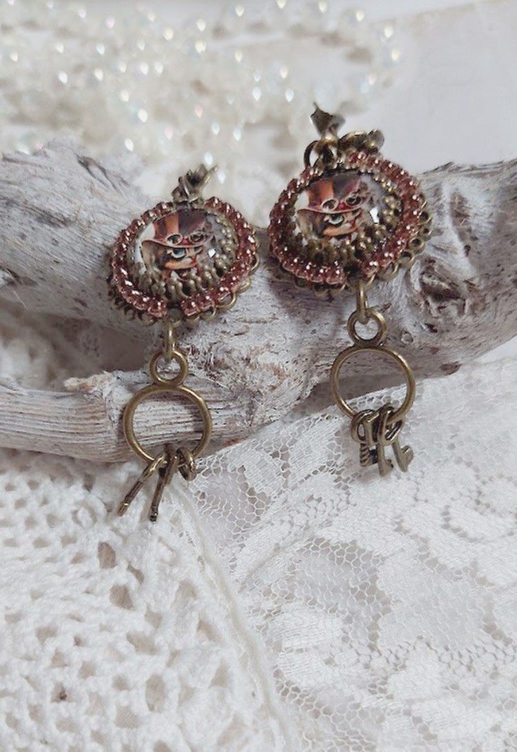BO Chata Steampunk montées avec breloques clés, strass, cabochons loupes et perles Cristal Swarovski