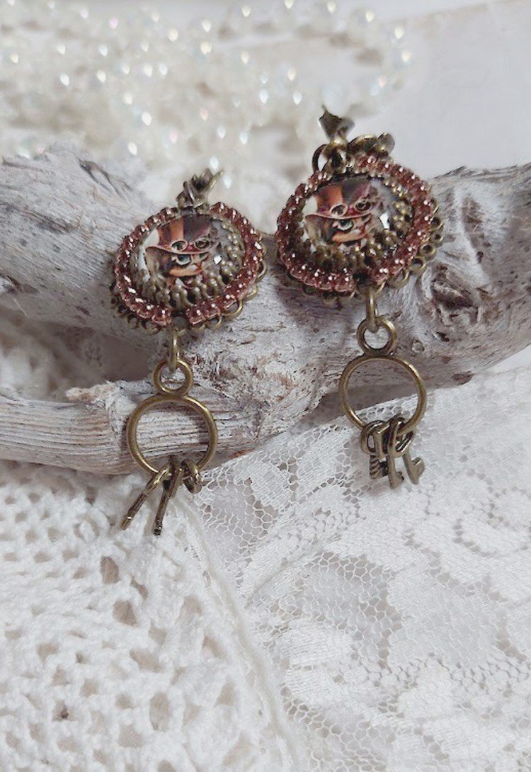 BO Chata Steampunk montées avec breloques clés, strass, cabochons loupes et perles Cristal Swarovski