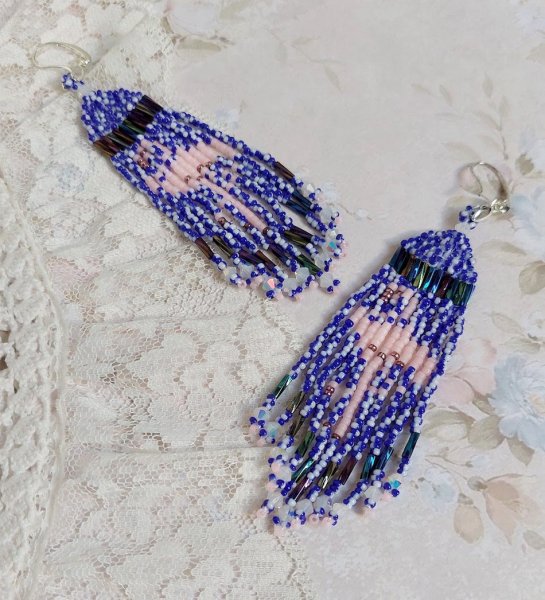 BO Les Flamants Roses et Bleus avec rocailles verre, toupies cristal Swarovski, crochets et attaches argent 925