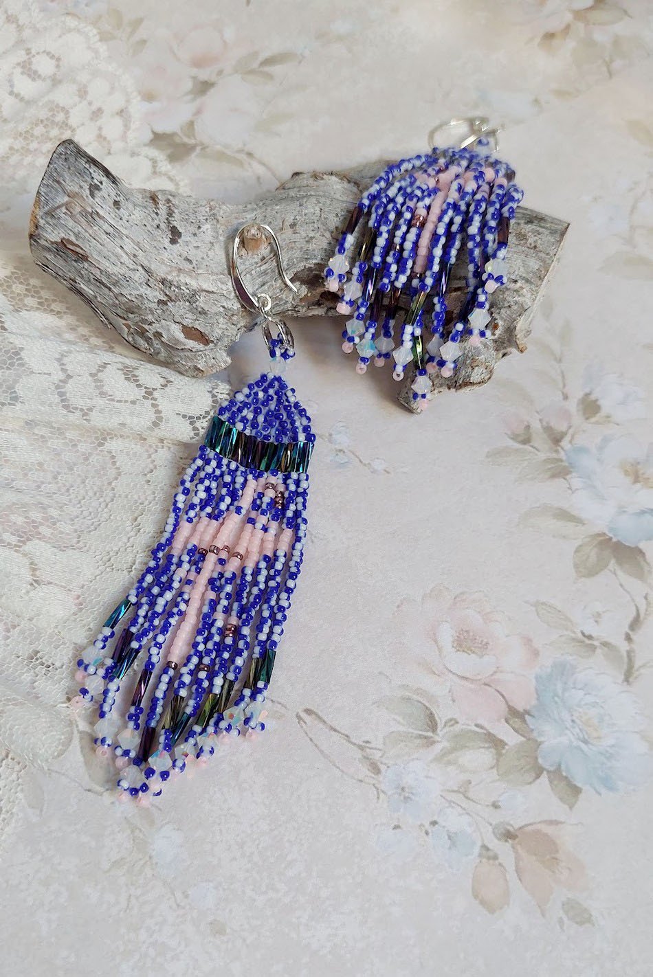 BO Les Flamants Roses et Bleus avec rocailles verre, toupies cristal Swarovski, crochets et attaches argent 925