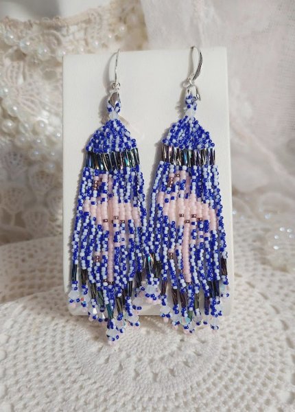 BO Les Flamants Roses et Bleus avec rocailles verre, toupies cristal Swarovski, crochets et attaches argent 925