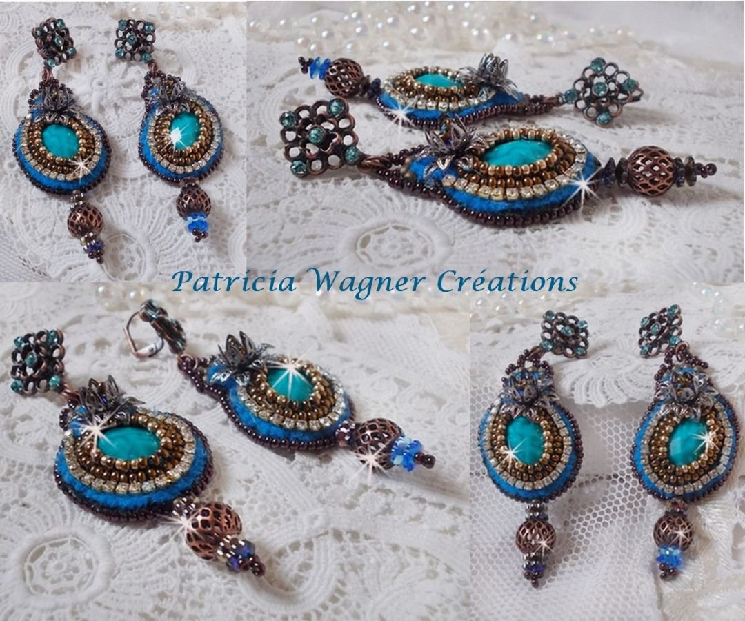 BO Ilycia Charmant geborduurd met twee turkooisgroene facetgeslepen cabochons en Swarovski-kristallen