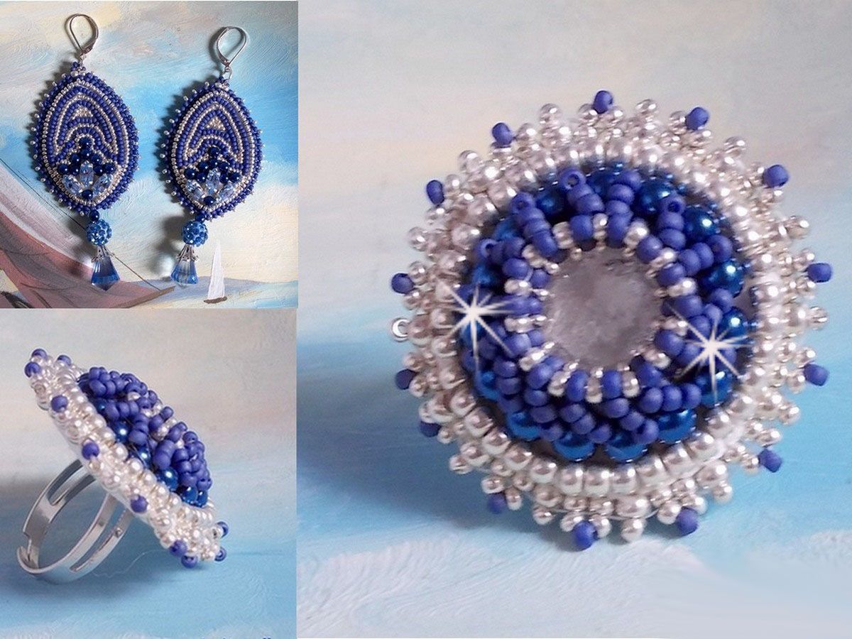 BO Marine Blauw geborduurd met Swarovski kristallen, ronde glazen kralen en Miyuki rocailles.