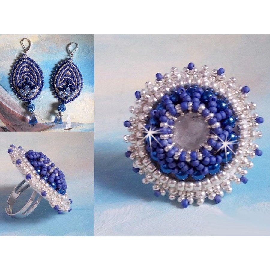 BO Marine Blauw geborduurd met Swarovski kristallen, ronde glazen kralen en Miyuki rocailles.