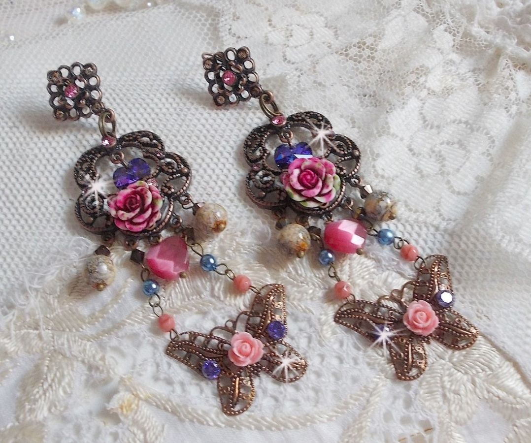 BO Rozen en Vlinder met deze lieve bloemen- en vlinderprints, cat eye glaskralen en roze marmerfacetten