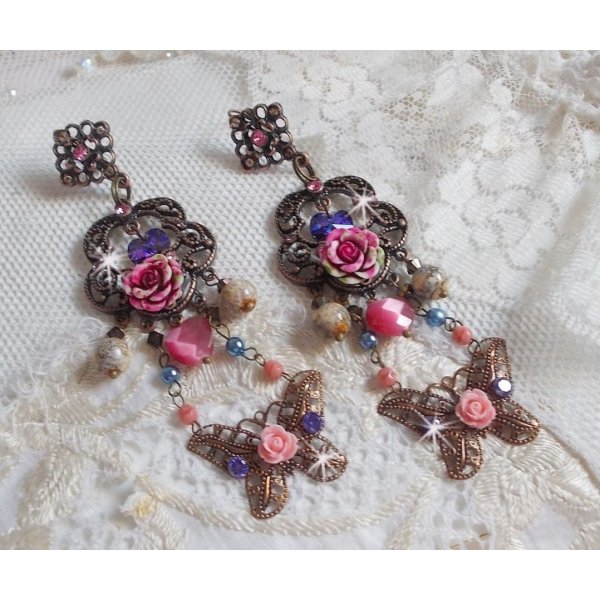 BO Rozen en Vlinder met deze lieve bloemen- en vlinderprints, cat eye glaskralen en roze marmerfacetten