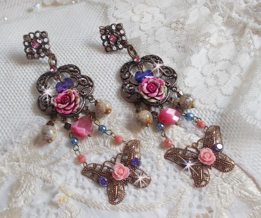 BO Rozen en Vlinder met deze lieve bloemen- en vlinderprints, cat eye glaskralen en roze marmerfacetten