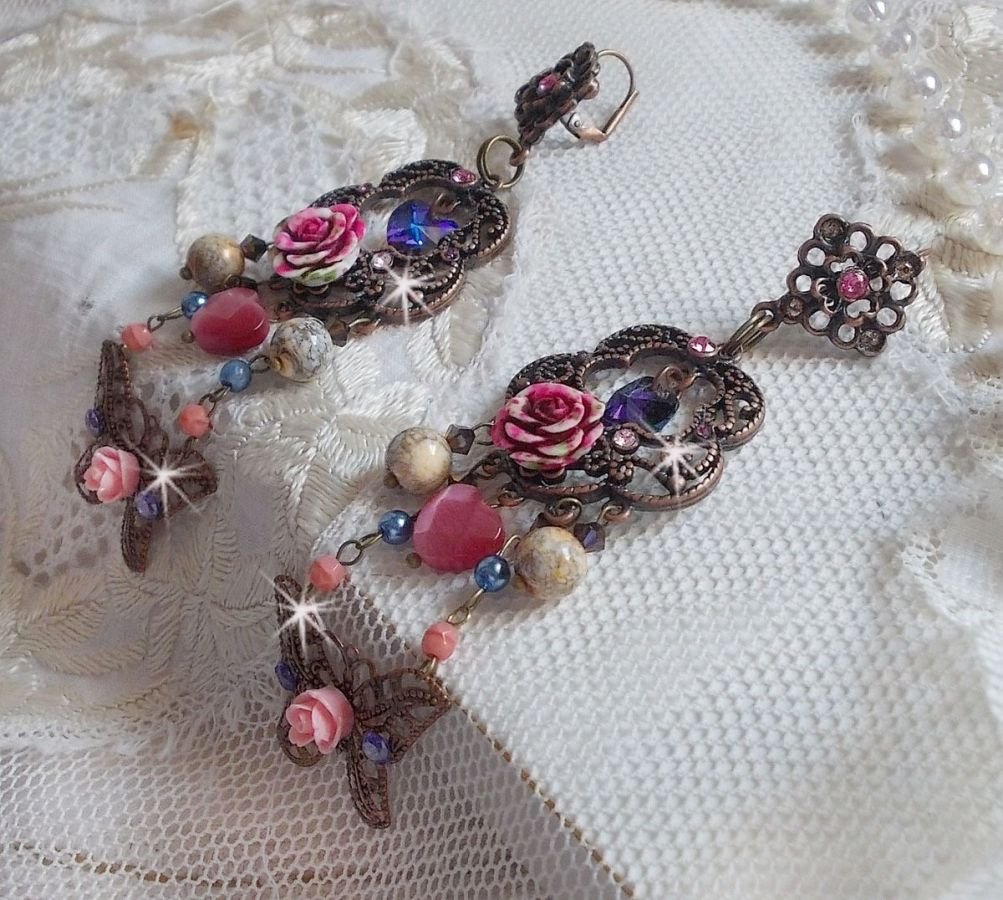 BO Rozen en Vlinder met deze lieve bloemen- en vlinderprints, cat eye glaskralen en roze marmerfacetten