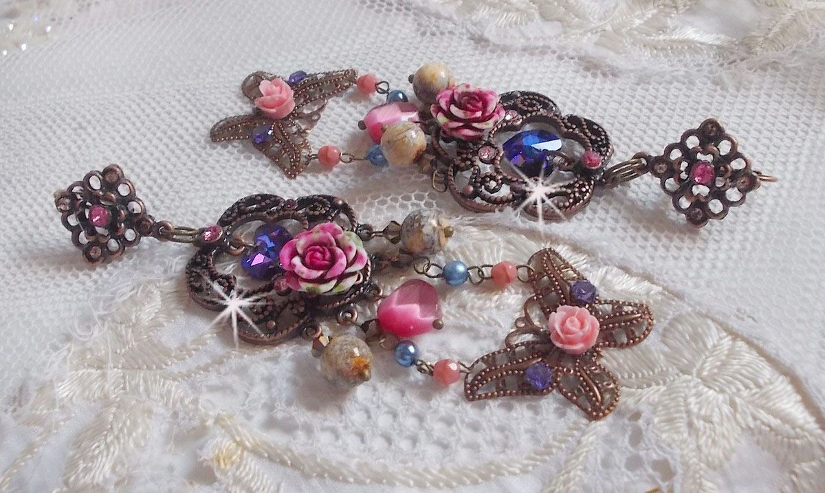 BO Rozen en Vlinder met deze lieve bloemen- en vlinderprints, cat eye glaskralen en roze marmerfacetten