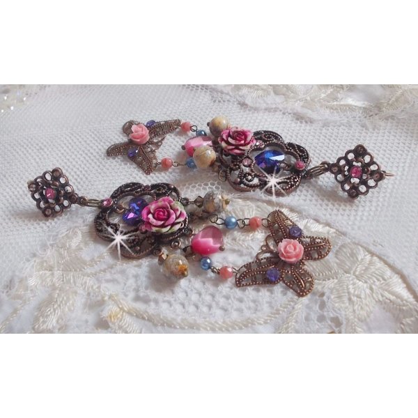 BO Rozen en Vlinder met deze lieve bloemen- en vlinderprints, cat eye glaskralen en roze marmerfacetten