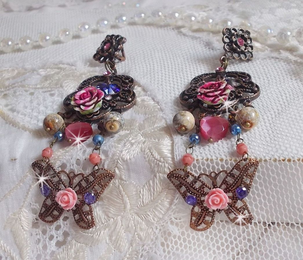 BO Rozen en Vlinder met deze lieve bloemen- en vlinderprints, cat eye glaskralen en roze marmerfacetten