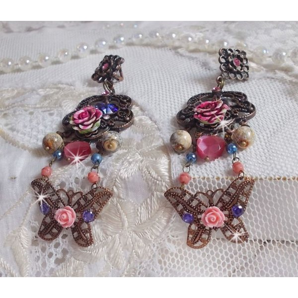 BO Rozen en Vlinder met deze lieve bloemen- en vlinderprints, cat eye glaskralen en roze marmerfacetten