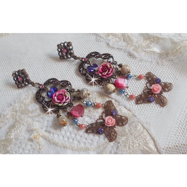 BO Rozen en Vlinder met deze lieve bloemen- en vlinderprints, cat eye glaskralen en roze marmerfacetten