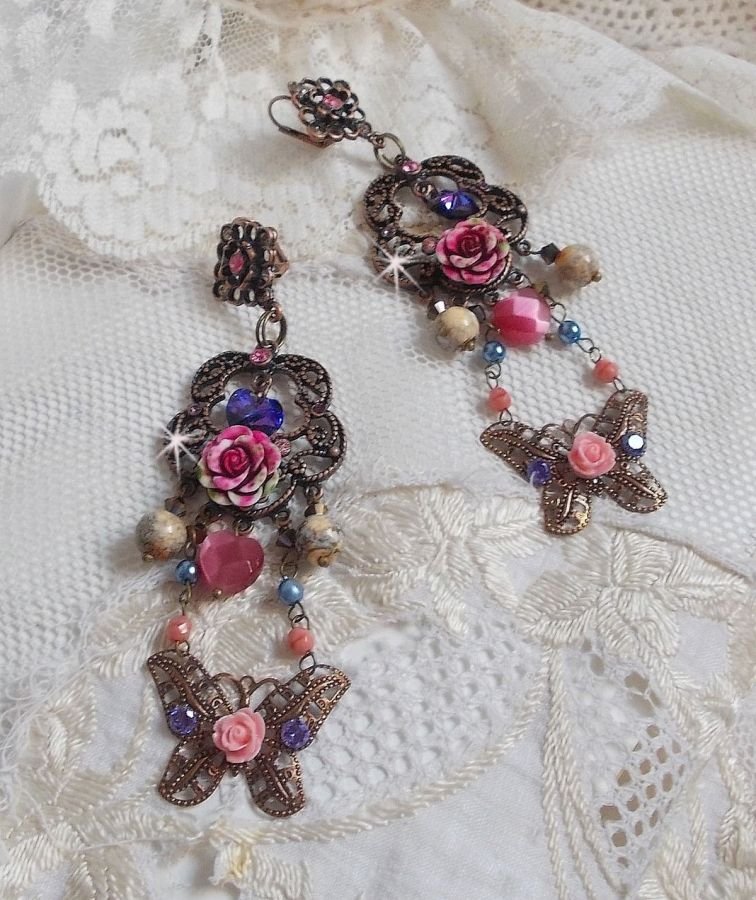 BO Rozen en Vlinder met deze lieve bloemen- en vlinderprints, cat eye glaskralen en roze marmerfacetten