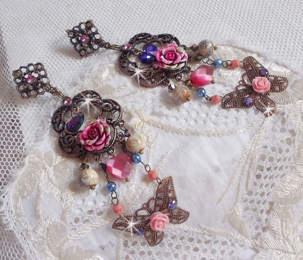 BO Rozen en Vlinder met deze lieve bloemen- en vlinderprints, cat eye glaskralen en roze marmerfacetten