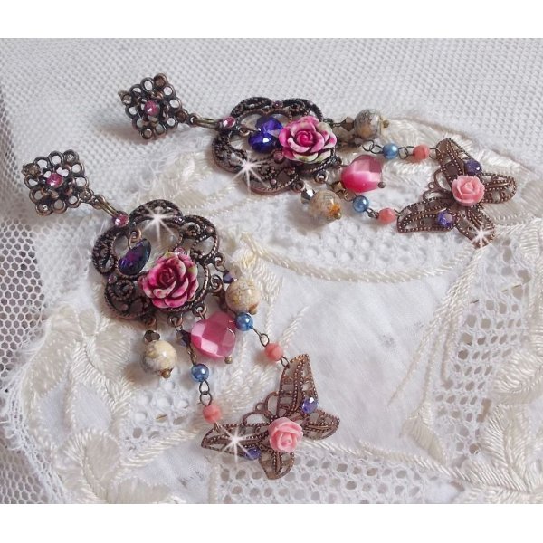 BO Rozen en Vlinder met deze lieve bloemen- en vlinderprints, cat eye glaskralen en roze marmerfacetten