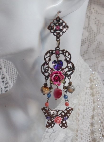 BO Rozen en Vlinder met deze lieve bloemen- en vlinderprints, cat eye glaskralen en roze marmerfacetten