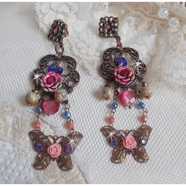 BO Rozen en Vlinder met deze lieve bloemen- en vlinderprints, cat eye glaskralen en roze marmerfacetten