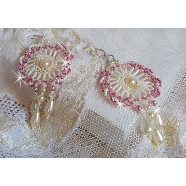 BO D&eacute;tente gemonteerd met Ivory ronde kralen en parelmoer druppels, Antiek roze rocailles en 925 zilveren dwarsliggers