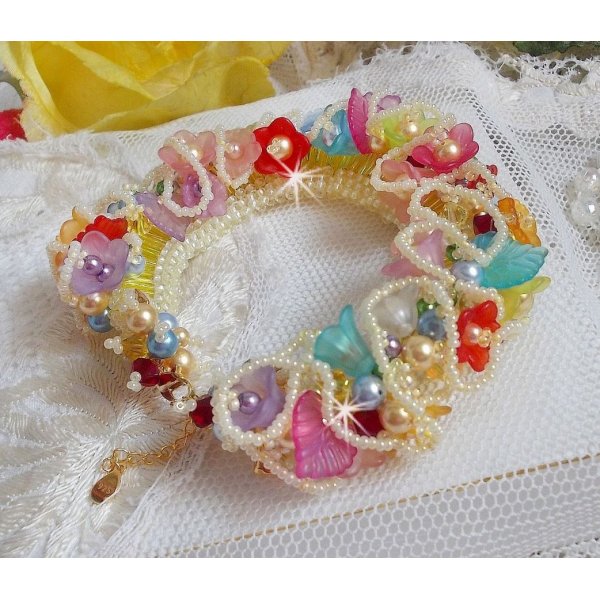 Garden Flowers armband met Swarovski kralen, Frosted bloemen, 3 micron vergulde sluiting